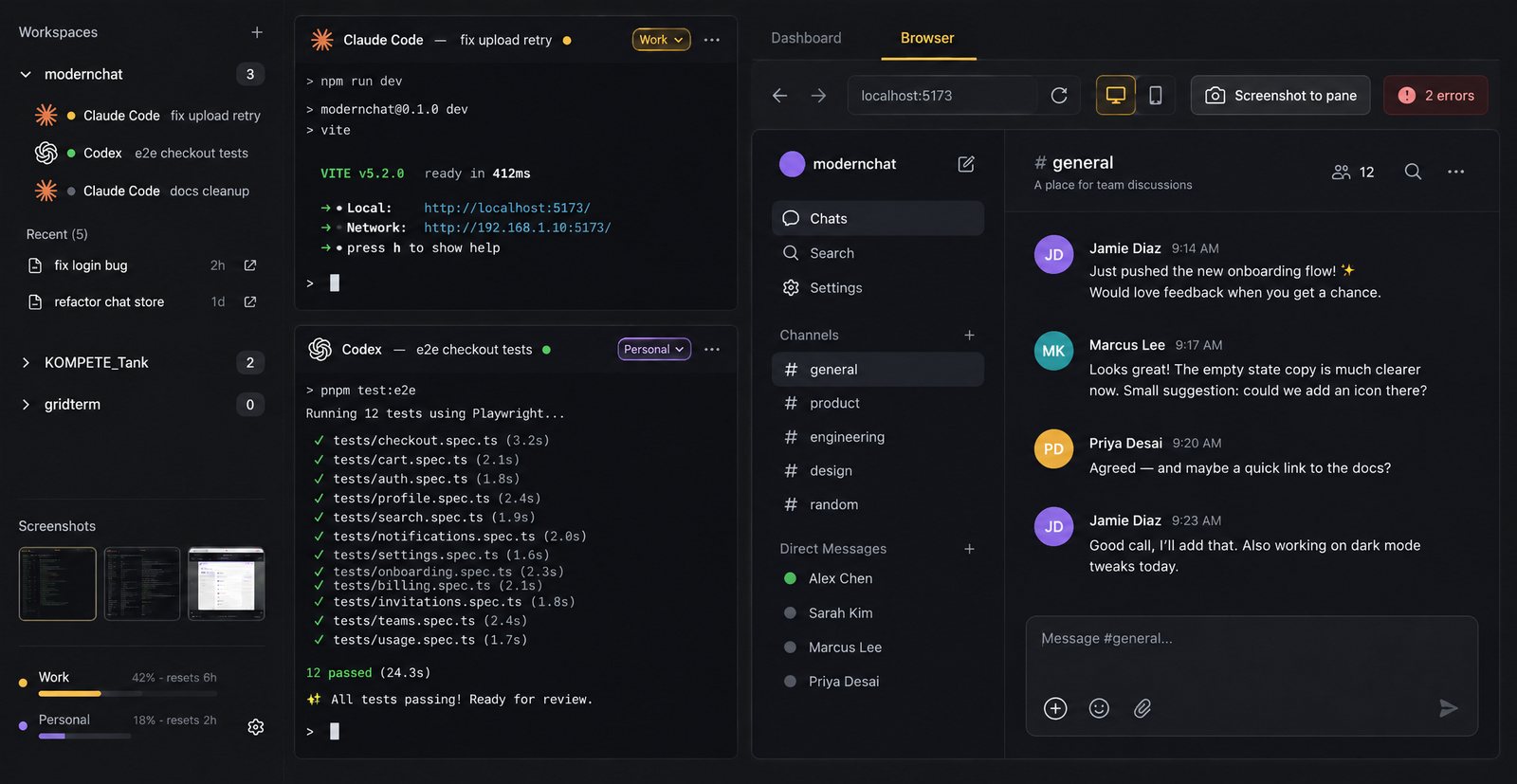 A docked browser showing a local dev server next to an agent pane