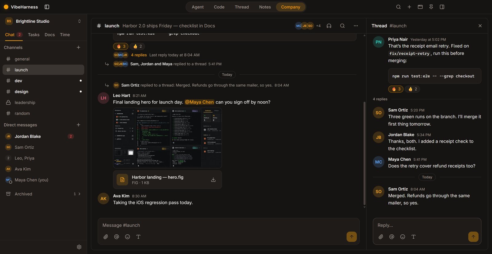 A team channel in Company mode, with a thread open beside it