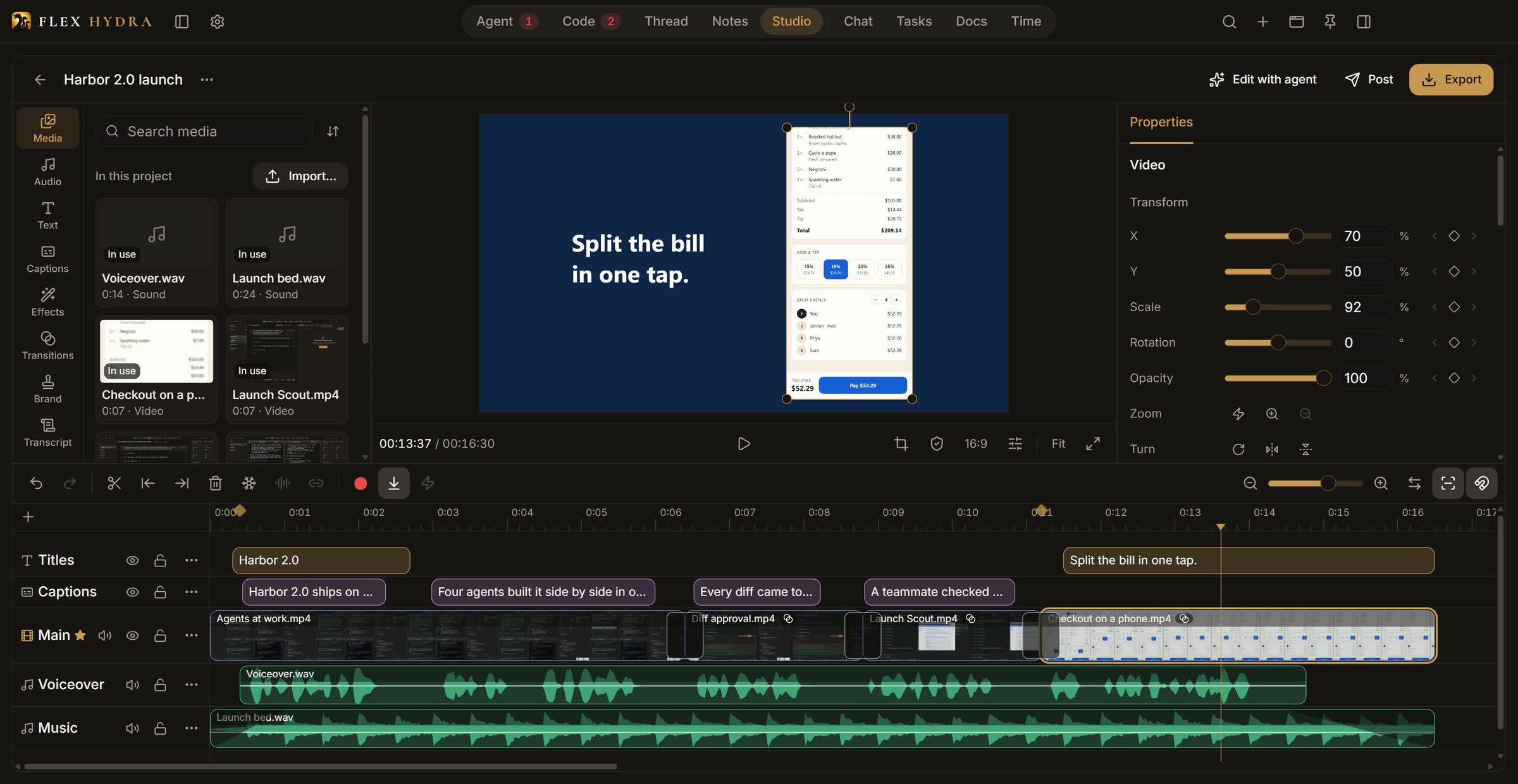 Studio’s editor: the media bin, the preview with a title over a phone clip, its properties, and a timeline of titles, captions, video, voiceover and music