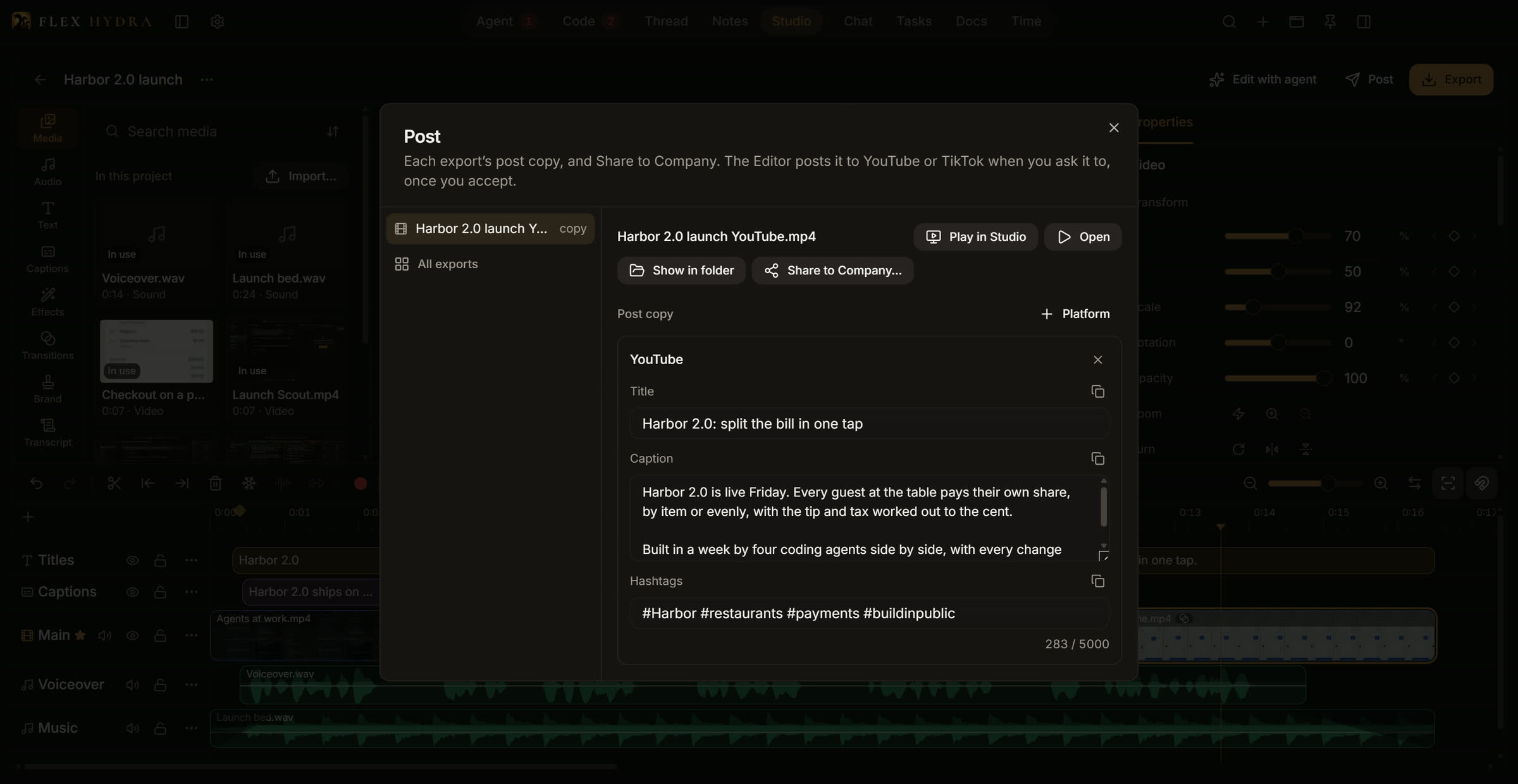 The Post dialog: an export with its YouTube title, caption and hashtags, each with a Copy button